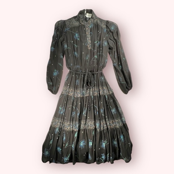 Vintage BERNIE BEE 70's Prairie Cottagecore Boho Floral Midi Dress Small - Picture 1 of 14